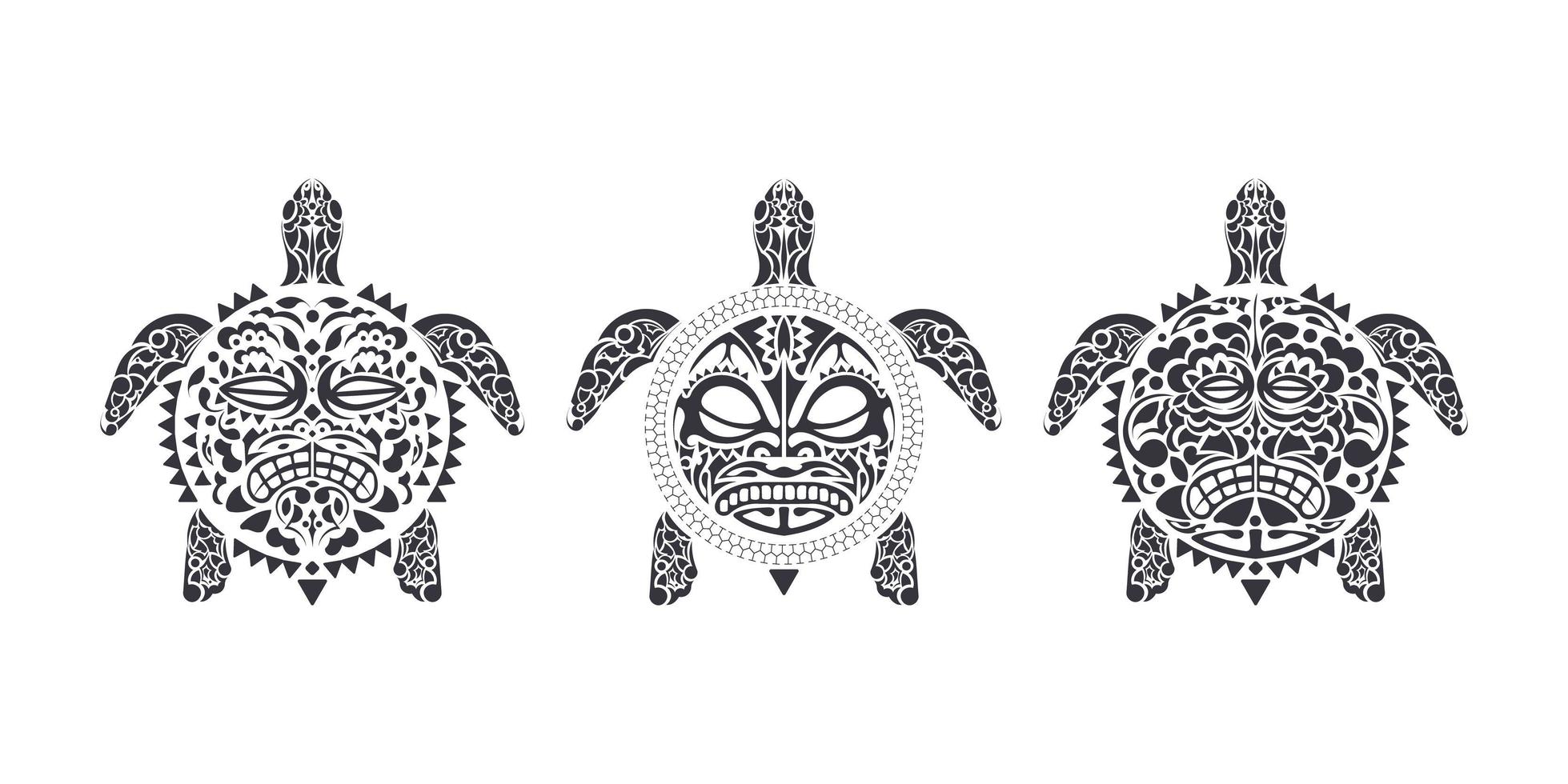 Reihe von Schildkröten im polynesischen Stammes-Tätowierungsstil. Schildkrötenpanzer-Maske. maori und polynesisches kulturmuster. handgefertigt. Vektor-Illustration. vektor