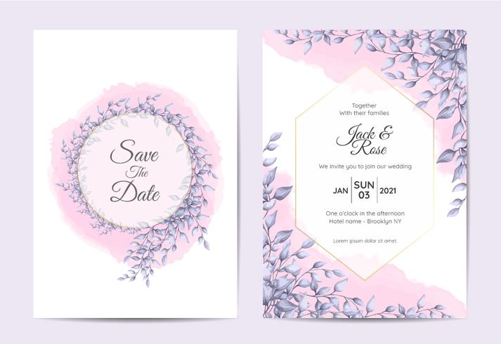 Modernes Hochzeits-Einladungs-Design von Niederlassungen mit blauen Blättern und Aquarell-Hintergrund. Trendy Cards Template Mehrzweck wie Poster, Cover Book, Verpackung und andere vektor