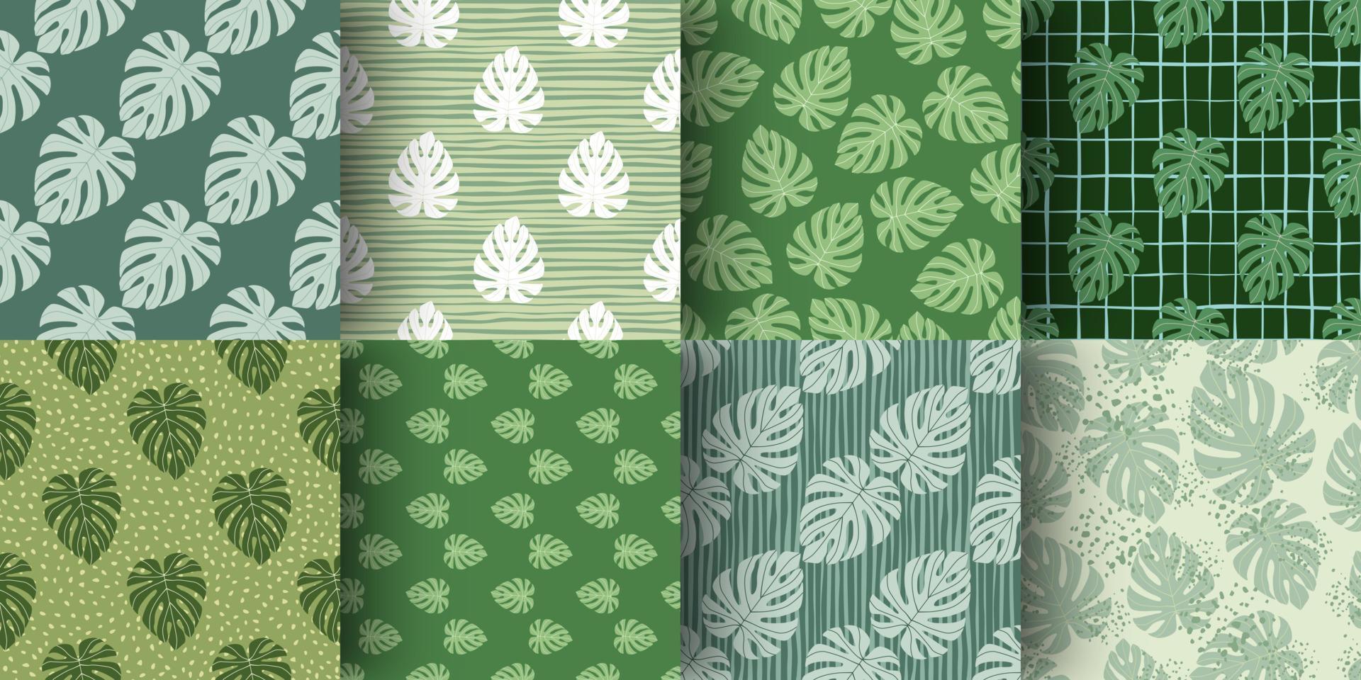 uppsättning monstera blad enkla former sömlösa doodle mönster. gröna toner palett tropiska botaniska konstverk samling. vektor