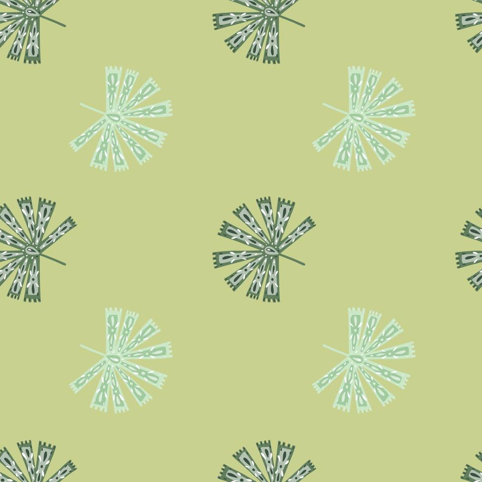 blommiga geometriska sömlösa mönster med handritade tropiska folk licuala palm former. ljusgrön bakgrund. vektor