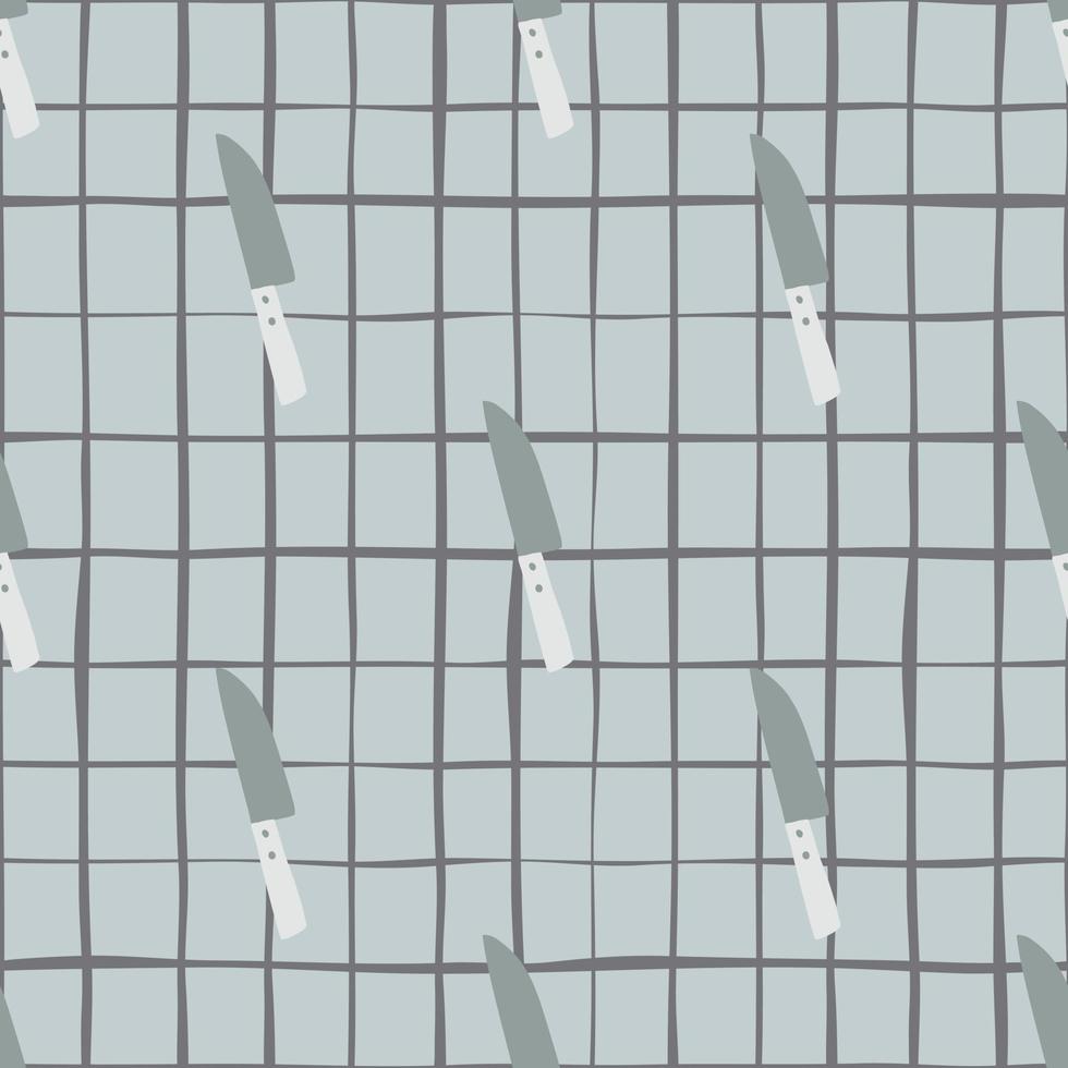 Messer Küchenwerkzeuge nahtlose Muster. abstrakte Haushaltswarenkulisse in blauer Palette mit kariertem Hintergrund. vektor