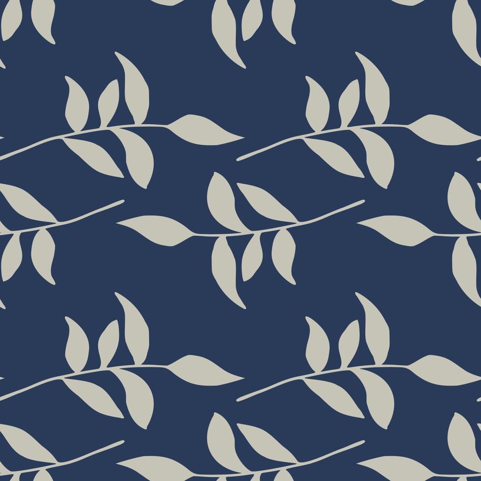 kontrastieren sie nahtloses botanisches muster mit blattzweigen ornament. Marineblauer Hintergrund. graues Laub. vektor