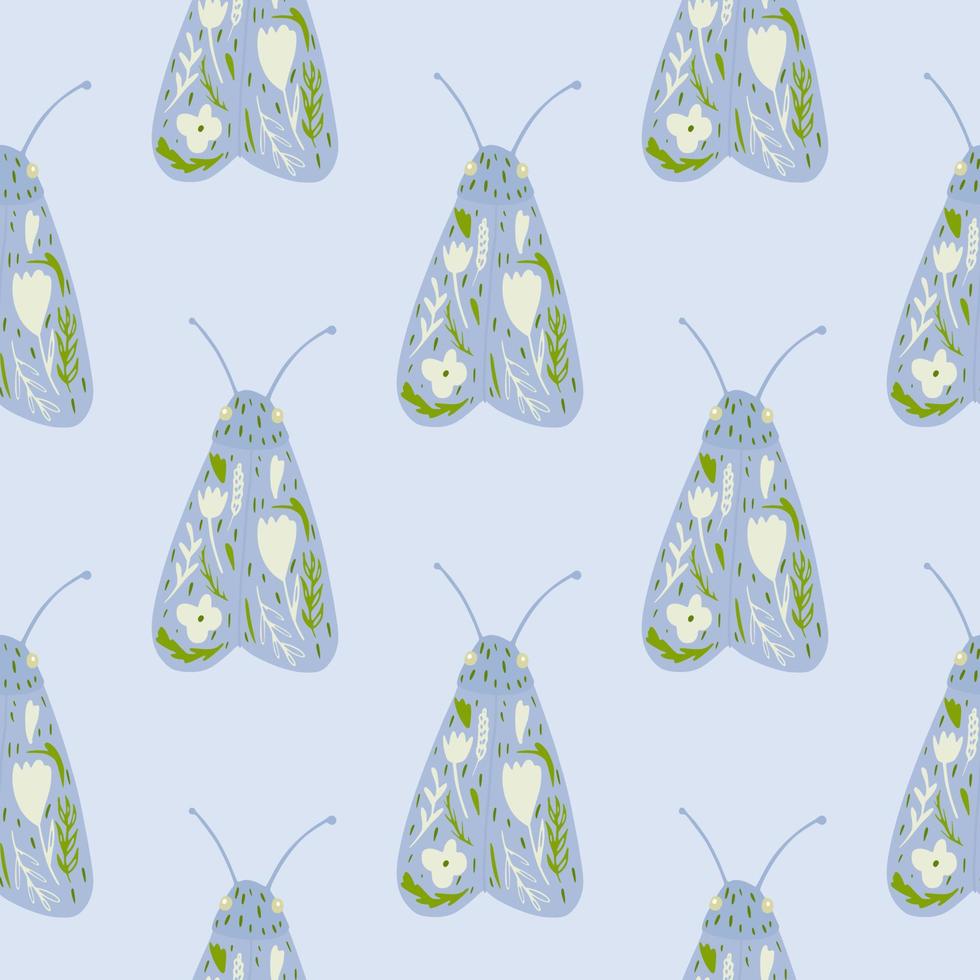 Nachtmotte Doodle Silhouetten nahtloses Muster. Insektenvolksverzierung mit grünen Details. einfache Kunstwerke in Blautönen. vektor