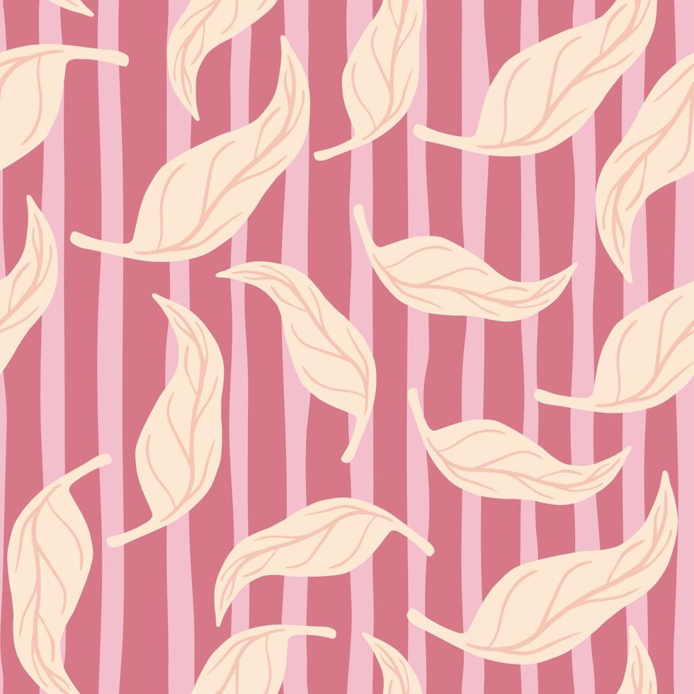 florales, nahtloses Muster mit zufälligen, handgezeichneten Blättern, Mandarinen-Silhouetten. rosa gestreifter Hintergrund. vektor