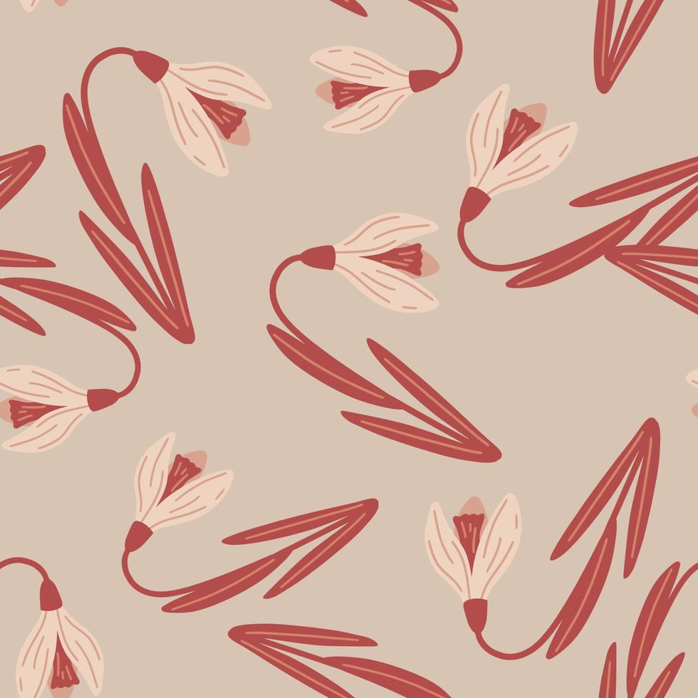 Rote zufällige Galanthus-Blume nahtloses Gekritzelmuster. dekorativer Blumendruck auf grauem Hintergrund. vektor