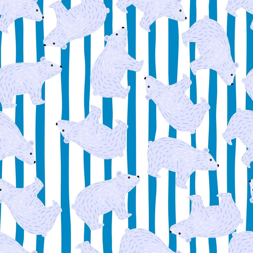 abstraktes zufälliges nahtloses Muster mit einfacher Eisbärschattenbildverzierung. gestreifter blauer Hintergrund. vektor