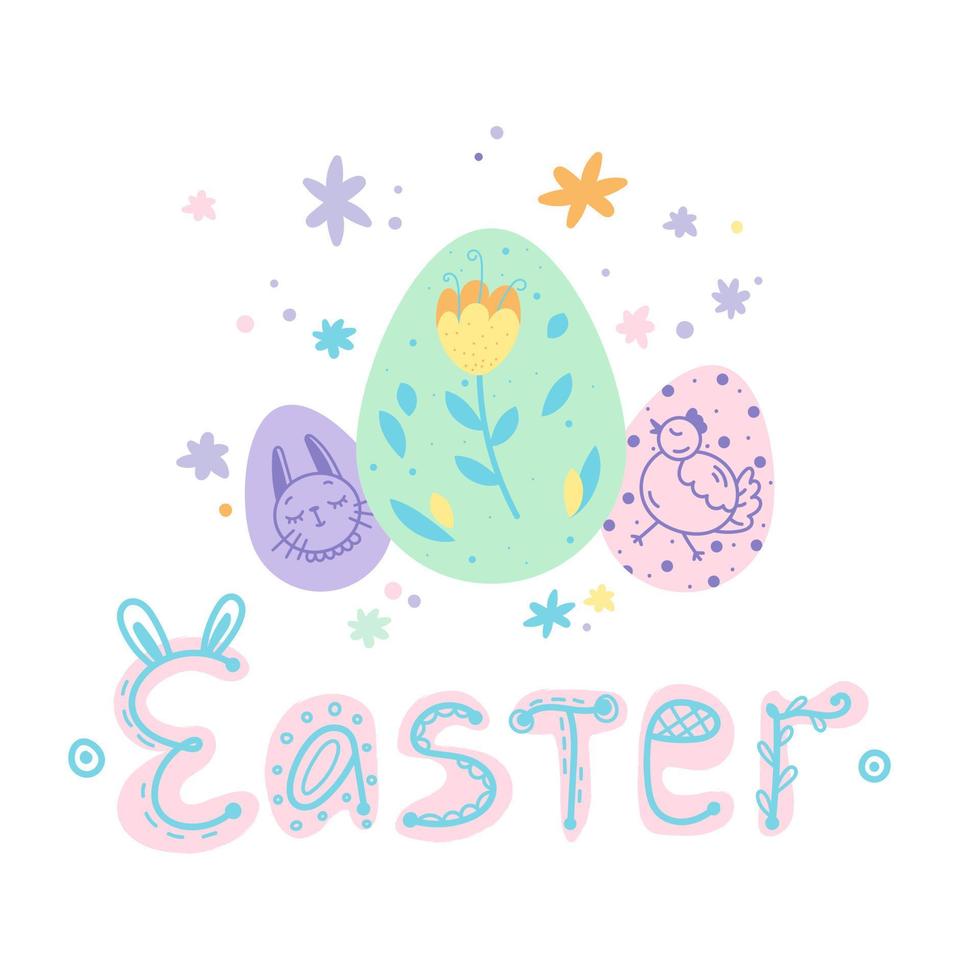 påsk gratulationskort med färgglada ägg och blommor, klotterstil bokstäver, pastellfärger platt tecknad illustration vektor