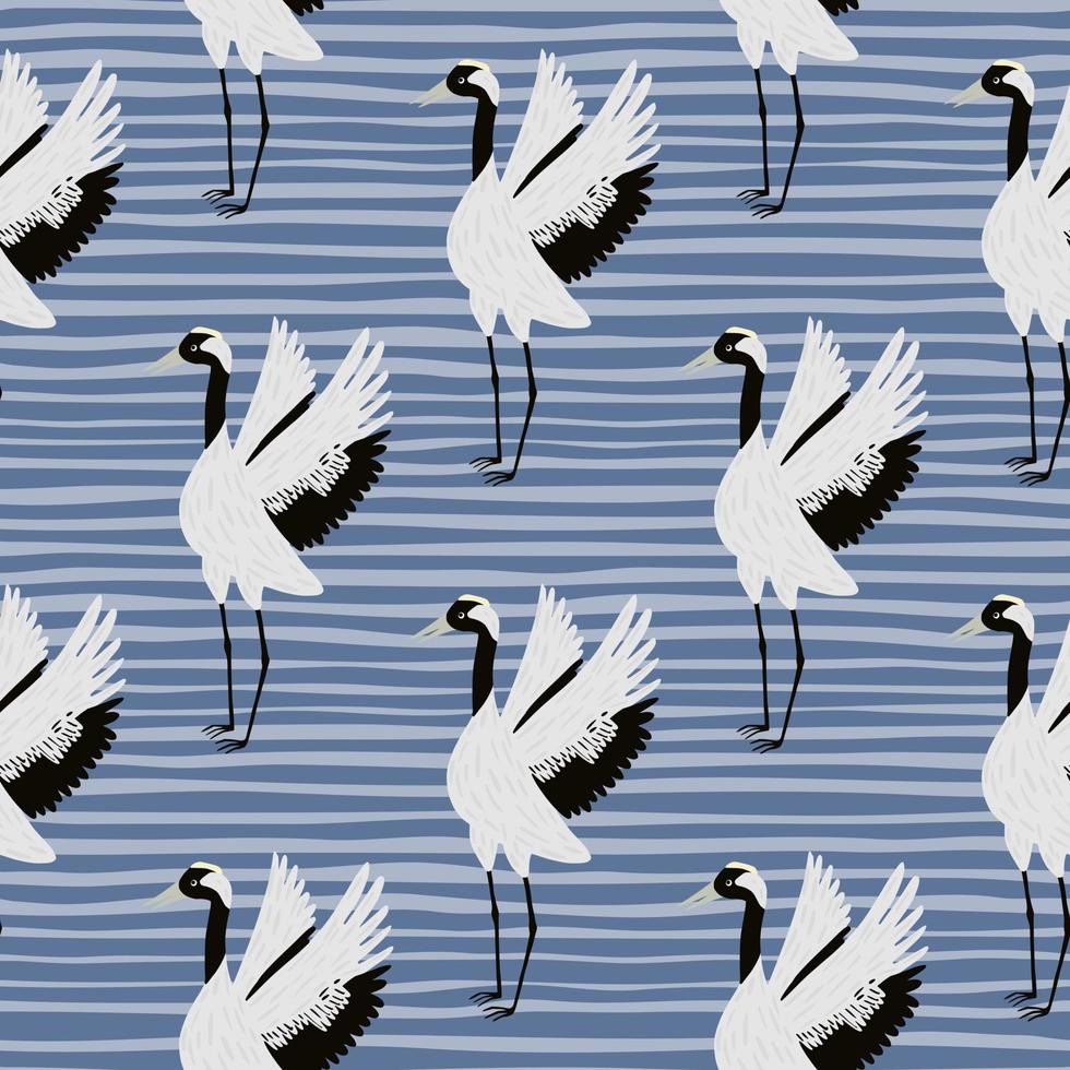 tecknade japanska seamless mönster med tecknade kran fåglar silhuetter. blå randig bakgrund. barnsligt tryck. vektor