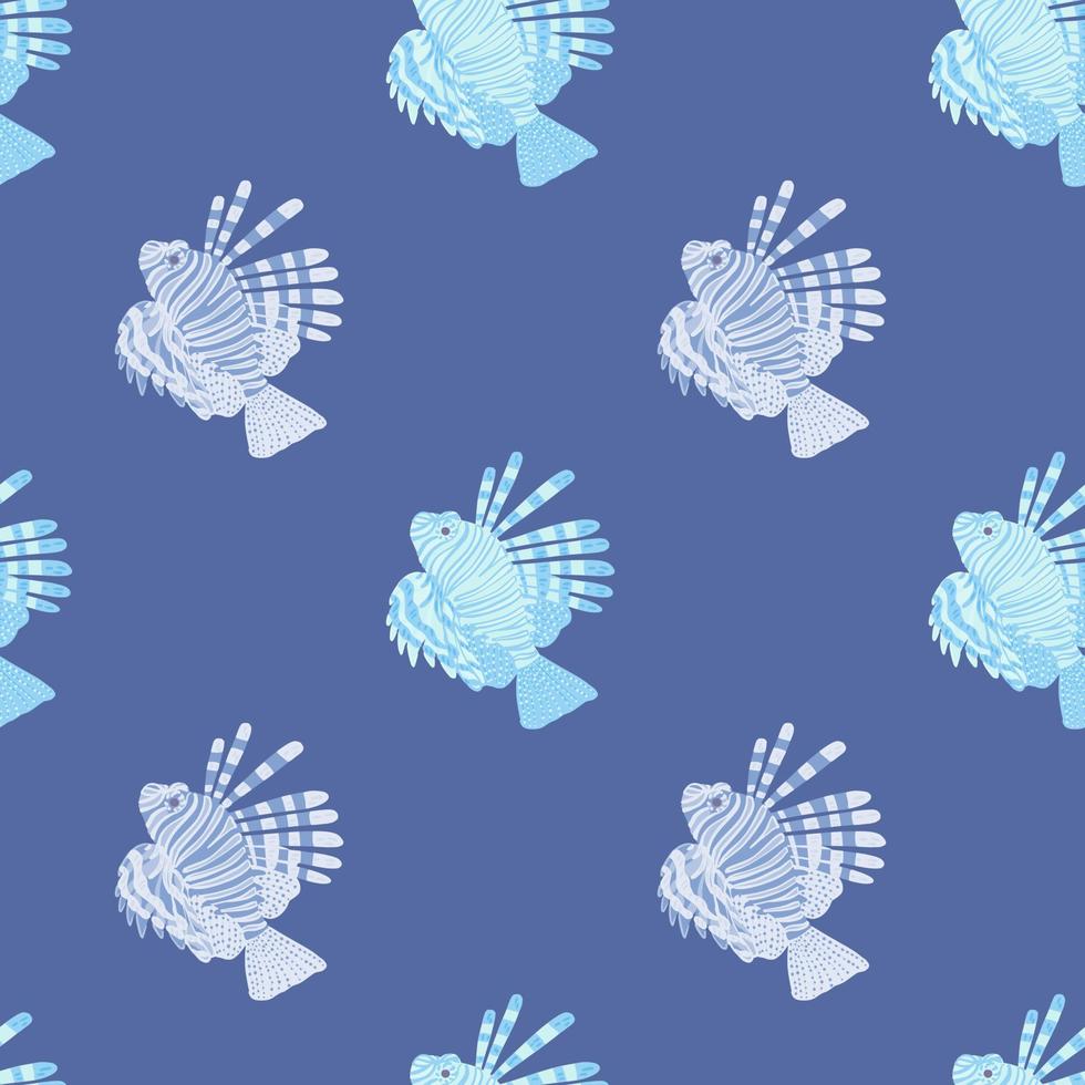 enkelt sömlöst mönster i havstil med ljusa silhuetter av lejonfisk. blå bakgrund. abstrakt tryck. vektor