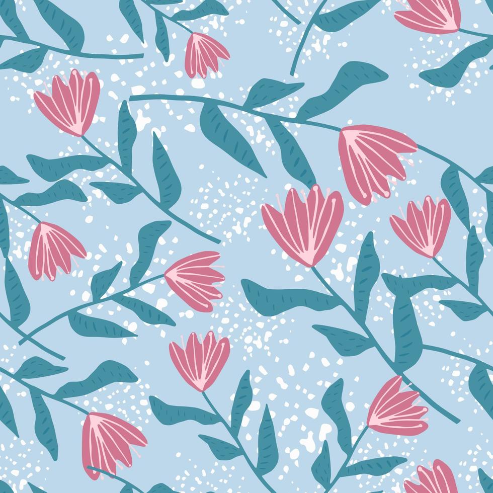 slumpmässiga seamless mönster med blomma element. rosa tulpanknoppar och turkosa stjälkar på blå bakgrund med stänk. vektor