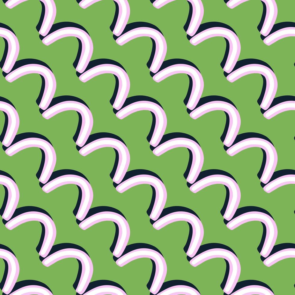 scandi doodle seamless mönster med diagonala 3d abstrakta former prydnad. grön ljus bakgrund. vektor