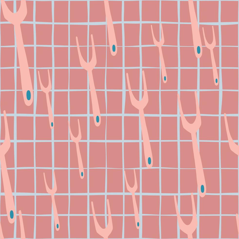 Zufälliges nahtloses muster der rosa grillgabelverzierung. karierter Hintergrund. grillkochkulisse. vektor
