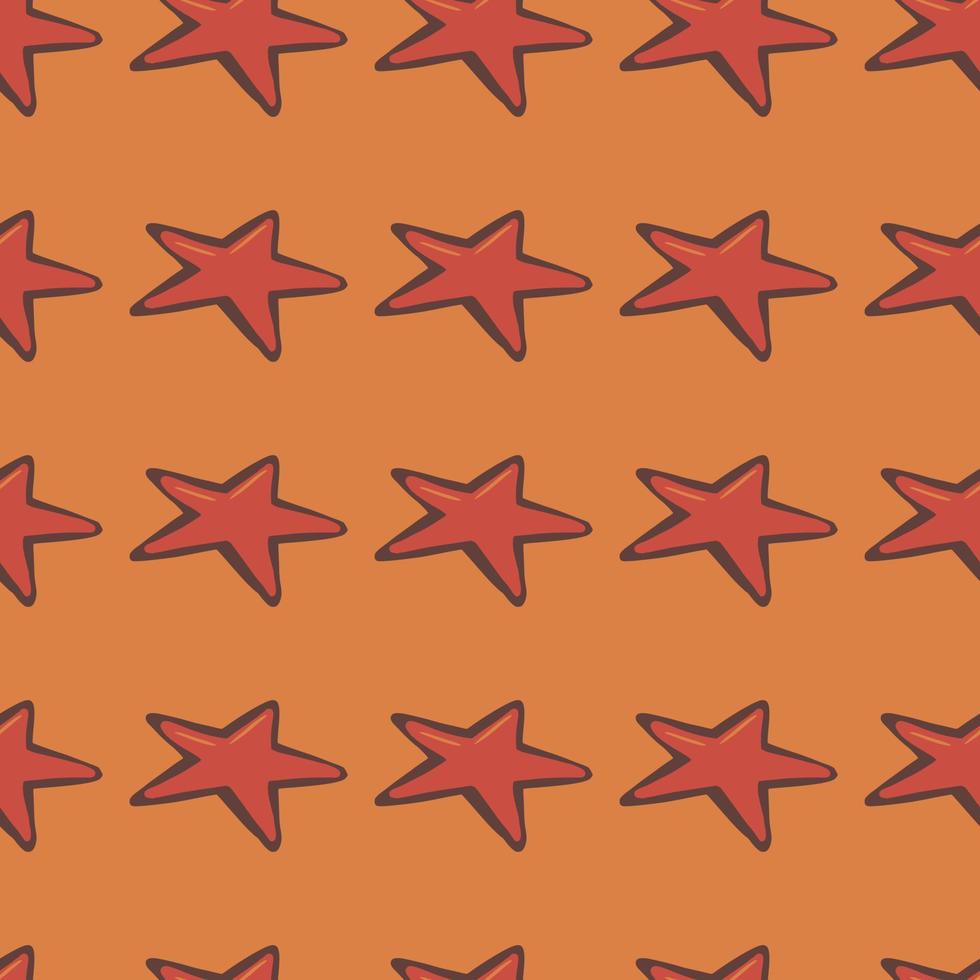 röda enkla stjärna silhuetter sömlösa doodle mönster. stiliserade utrymme geometrisk prydnad på orange bakgrund. vektor