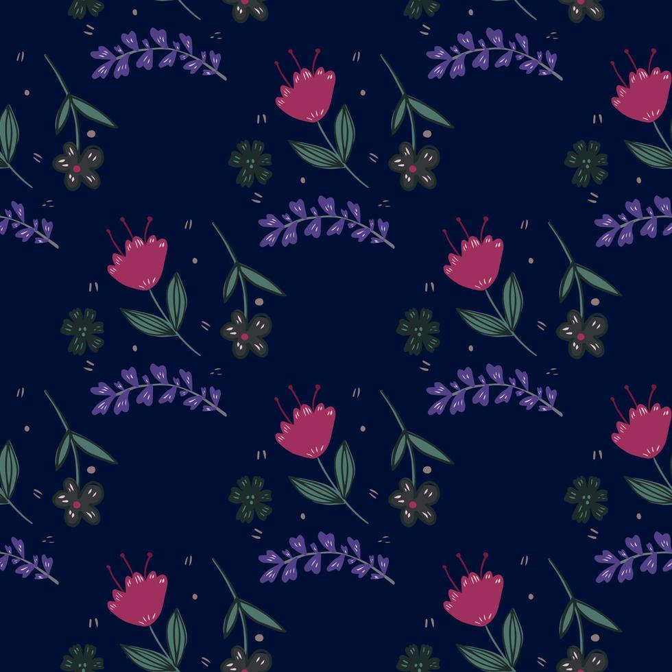 Nahtloses Muster mit Folk-Motiv auf schwarzem Hintergrund. niedliche kleine Blumentapete im Vintage-Stil. vektor