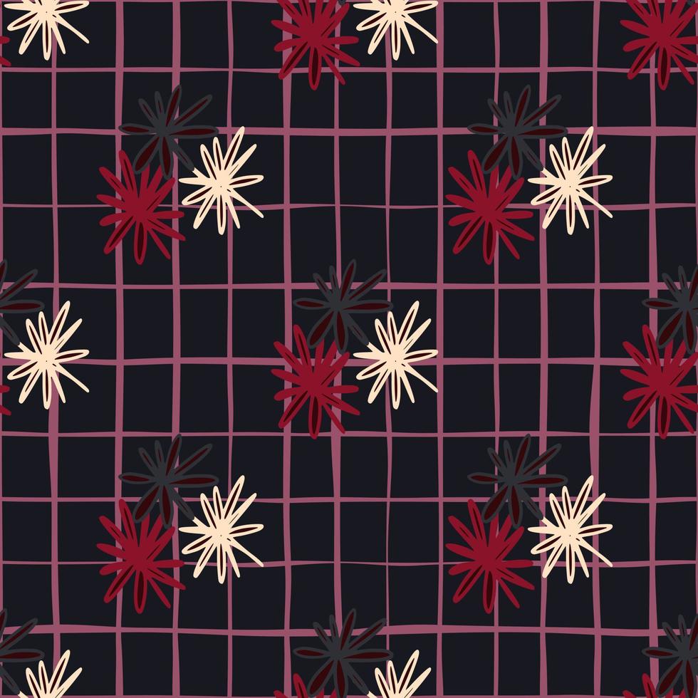 mörka sömlösa doodle mönster med vita, röda och svarta daisy geometriska silhuetter. stiliserat enkelt tryck med rutig bakgrund. vektor