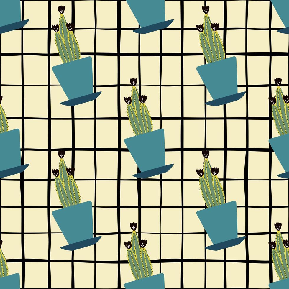 Zimmerpflanzen-Kakteen-Tapete im Doodle-Stil. hand gezeichneter kaktus im nahtlosen muster des topfes auf streifenhintergrund. vektor