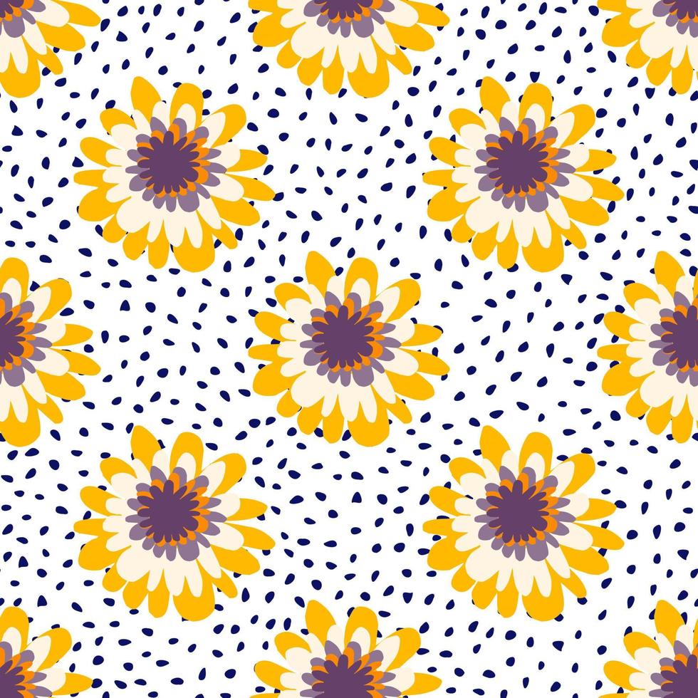 sonnige blumen in den farben weiß, gelb, lila. weißer Hintergrund mit Punkten auf botanischem nahtlosem Muster. vektor
