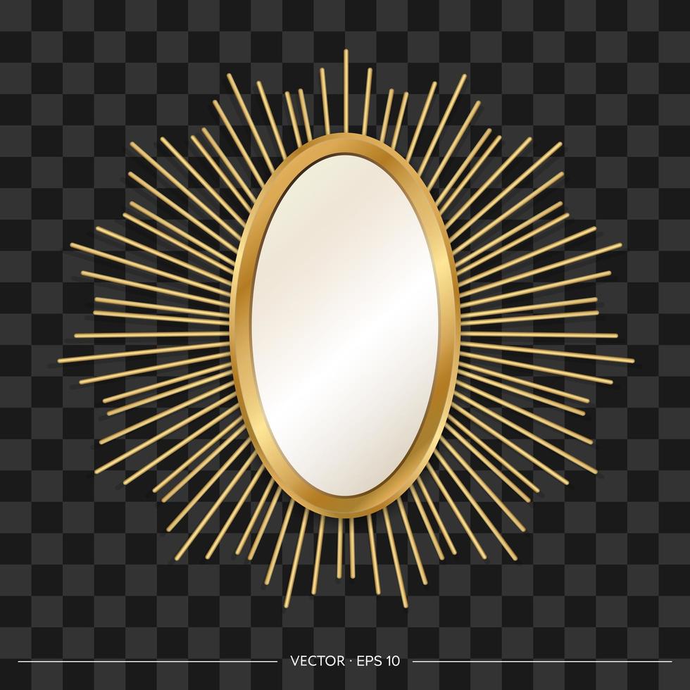 designer oval spegel med gyllene ram och strålar runt. realistisk stil. vektor illustration.