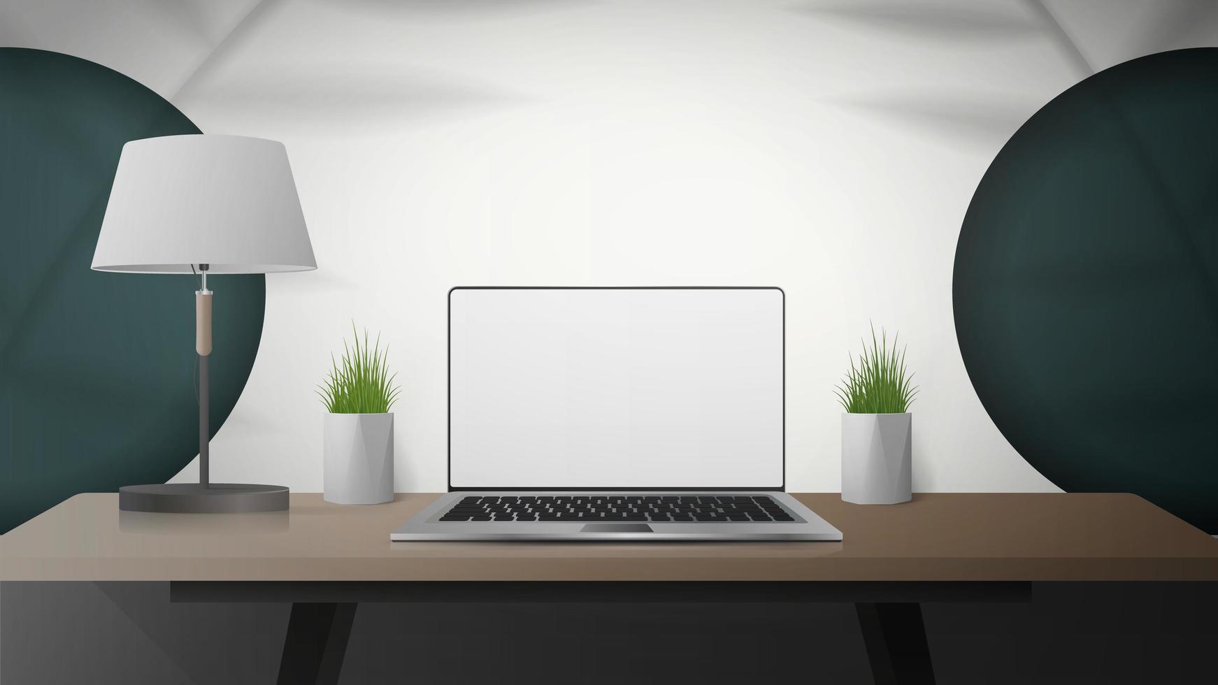 Weißer Raum mit Schreibtisch, Laptop, Lampe und Zimmerpflanzen. Laptop mit weißem Bildschirm. Vektor-Illustration vektor