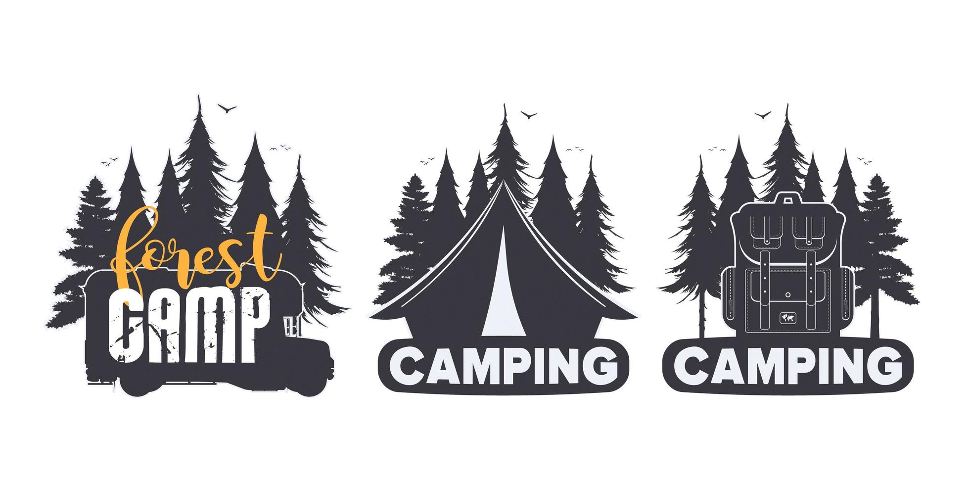 eine Reihe von Logos zum Thema Camping. Silhouette eines Waldes, eines Zeltes, eines Rucksacks für den Tourismus und eines Wohnmobils. Vektor. vektor