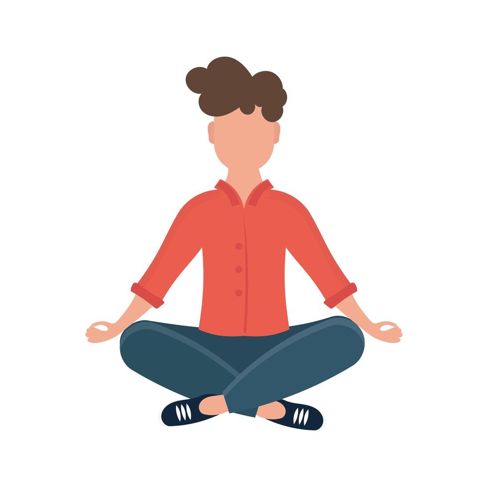 junger mann in yoga-pose, der meditation, achtsamkeitspraxis, spirituelle disziplin macht. der Typ sitzt im Schneidersitz auf dem Boden und meditiert. isoliert. flacher Cartoon-Stil. Vektor-Illustration. vektor