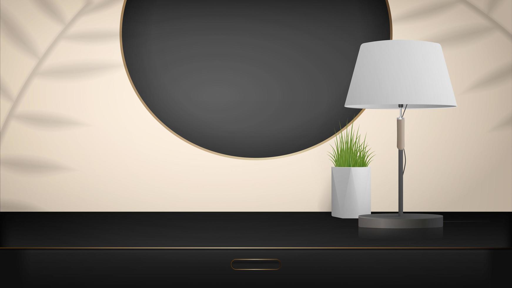 minimal scen för produktpresentation. svart garderob med guldaccenter, en bordslampa och en krukväxt. mockup för att visa upp en kosmetisk produkt, podium, sockel eller plattform. vektor