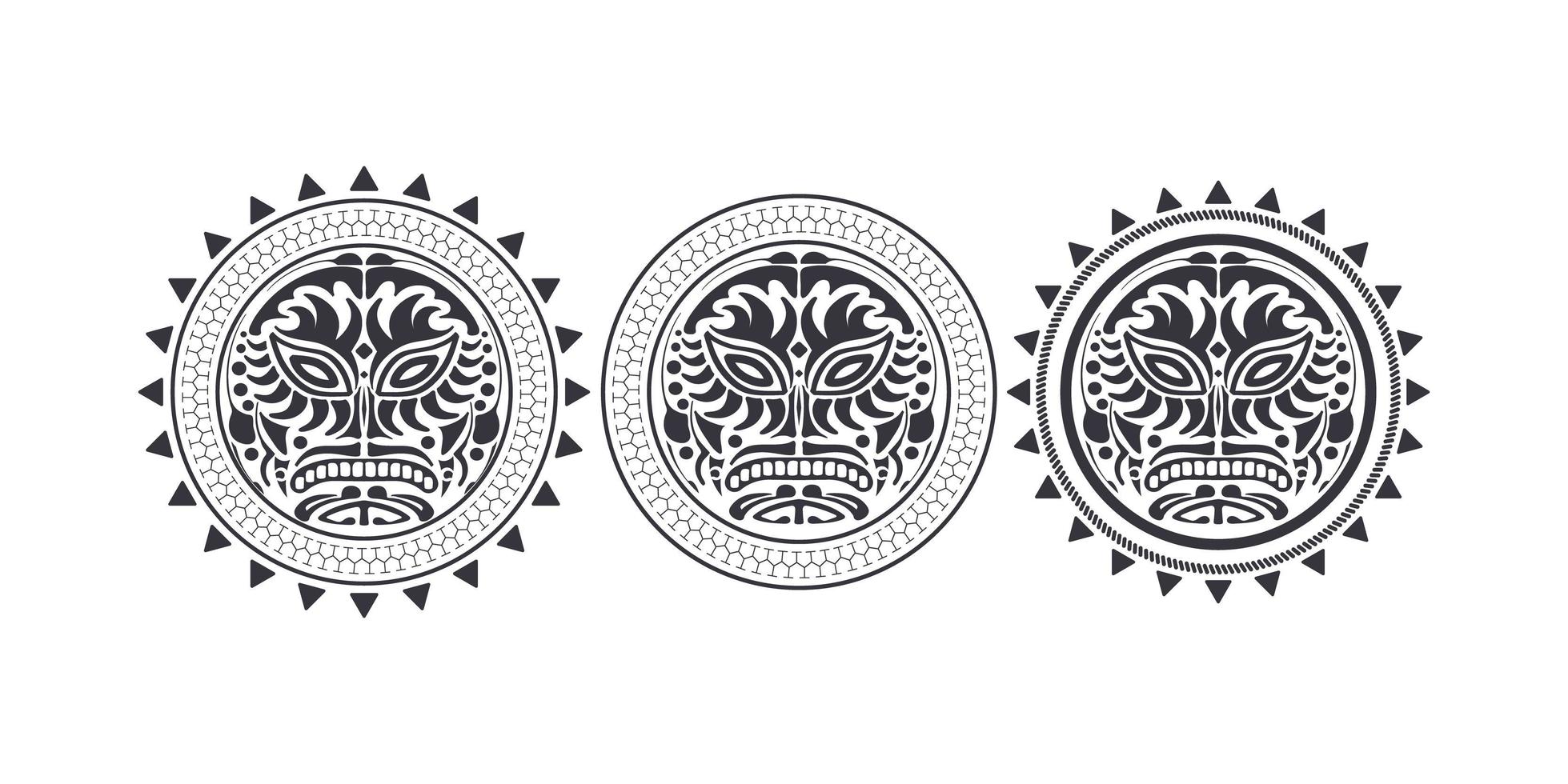 Set aus runder Tattoo-Maske im polynesischen Stil. Schwarz-Weiß-Tattoo des Maya-Stammes. isoliert. Vektor-Illustration. vektor
