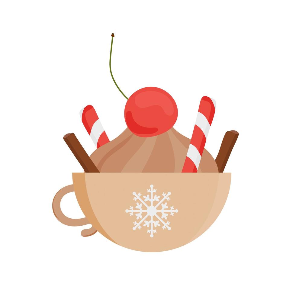 en halvcirkelformad kopp med varm dryck, kanel, körsbär och godis. platt stil. vektor illustration.