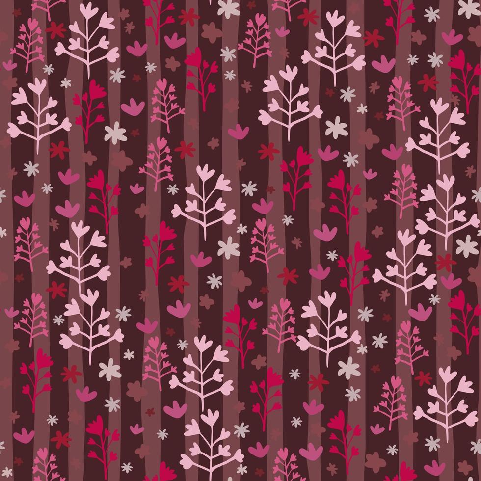 Burgundertöne nahtloses Muster mit Waldthema. rosa und rote zweige und blumenschattenbilder auf abgestreiftem hintergrund. vektor