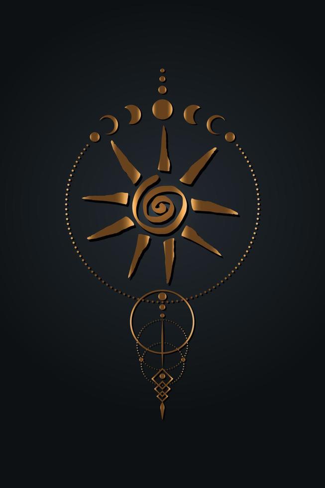 mystische spiralförmige stammes-sonnen- und mondphasen, heilige geometrie. goldenes Logo heidnischer Wicca-Gott und Symbol der Göttin. altes goldenes Wicca-Bannerzeichen, Energiekreise, Vektor im Boho-Stil isoliert auf schwarzem Hintergrund