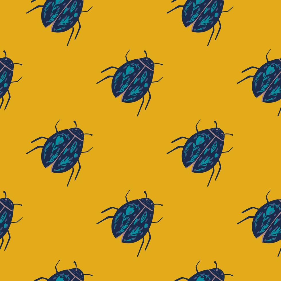 sömlösa kontrastmönster med marinblå buggar element. gul bakgrund. exotiska insekter prydnad. vektor