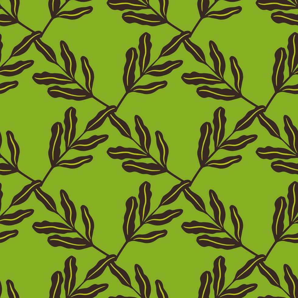 geometrisches nahtloses Gekritzelmuster mit braunem Laub verlässt Ornament. grüner heller Hintergrund. vektor