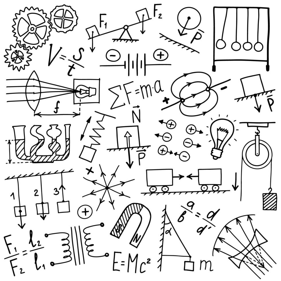 Symbolsatz für Physiksymbole. Wissenschaftsthema Doodle-Design. Bildungs- und Studienkonzept. Zurück zur Schule skizzenhafter Hintergrund für Notizbuch, nicht Block, Skizzenbuch. vektor