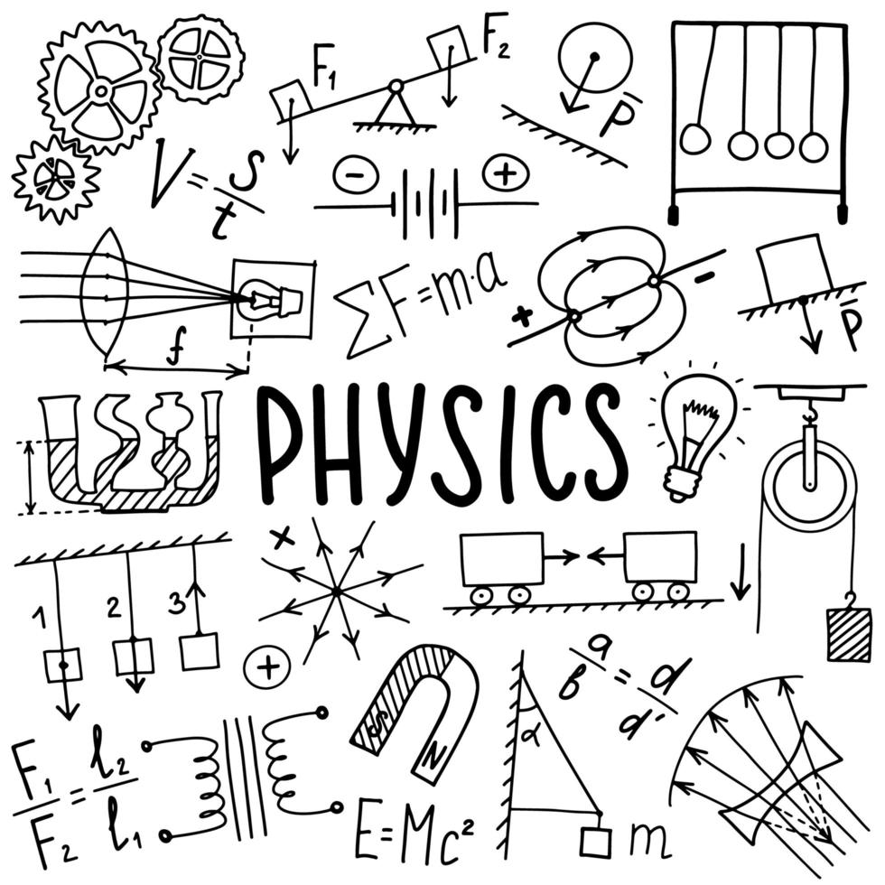 Symbolsatz für Physiksymbole. Wissenschaftsthema Doodle-Design. Bildungs- und Studienkonzept. Zurück zur Schule skizzenhafter Hintergrund für Notizbuch, nicht Block, Skizzenbuch. vektor