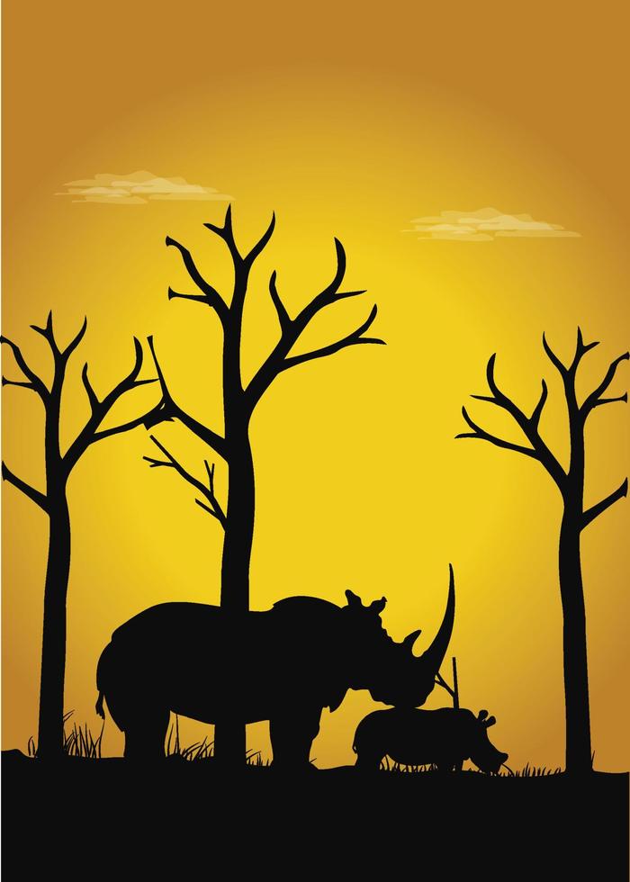 Silhouette von Nashorn und jungen kleinen Nashörnern auf gelbem Hintergrund vektor