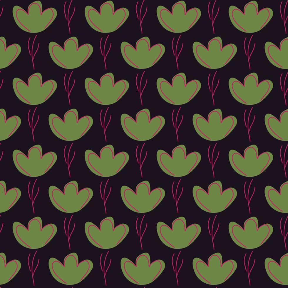 nahtloses muster der naturblüte mit grünen blumen und rosa kontur. schwarzer Hintergrund. dekorativer Druck. vektor