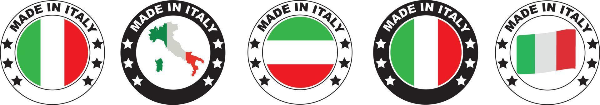 uppsättning gjorda i Italiens etiketter, gjorda i Italiens logotyp, Italiens flagga, Italiens produktemblem, vektorillustration. vektor