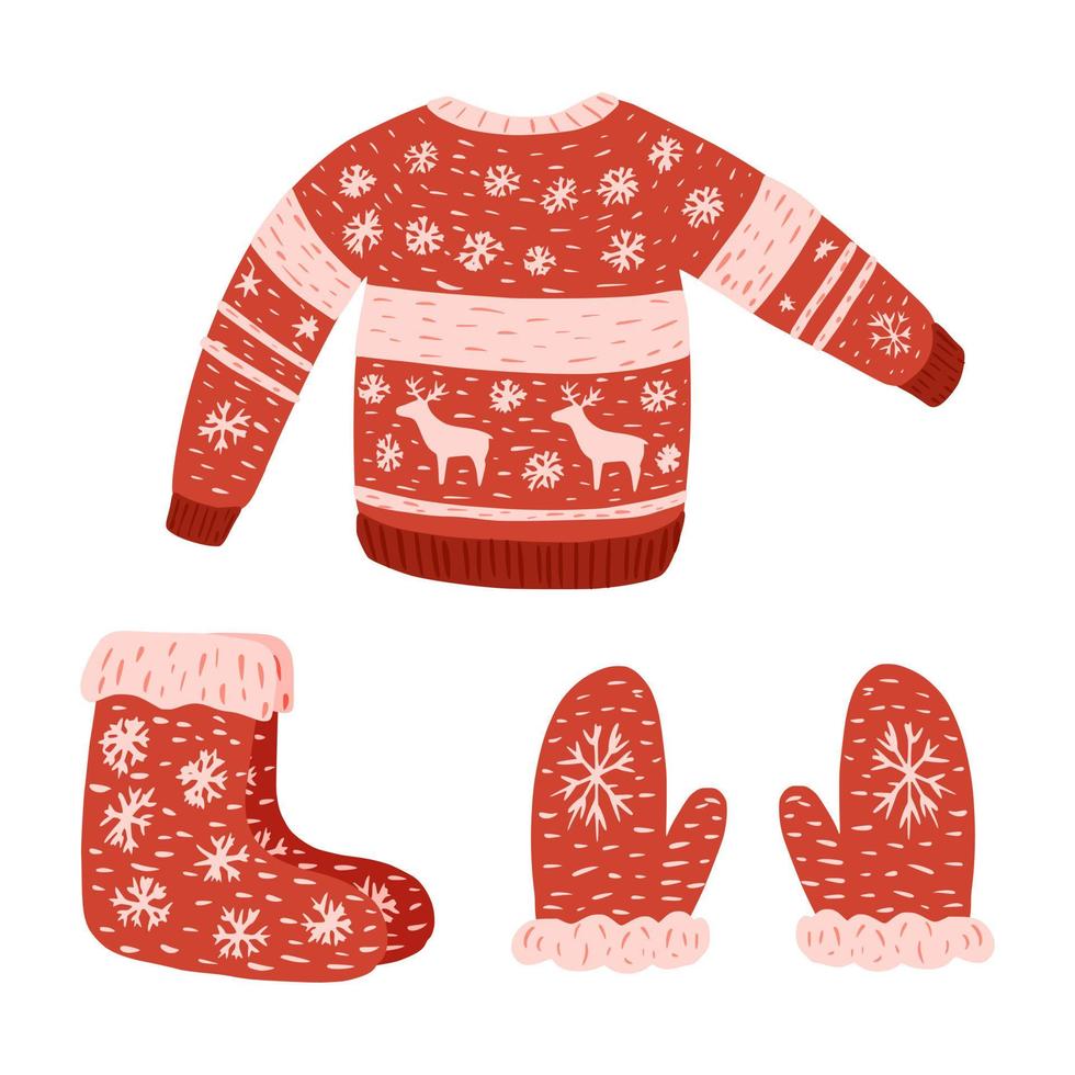 Set Wear Retro-Weihnachten auf weißem Hintergrund. Pullover, Fäustling und Socke aus Wollskizze handgezeichnet im Stil Doodle. vektor