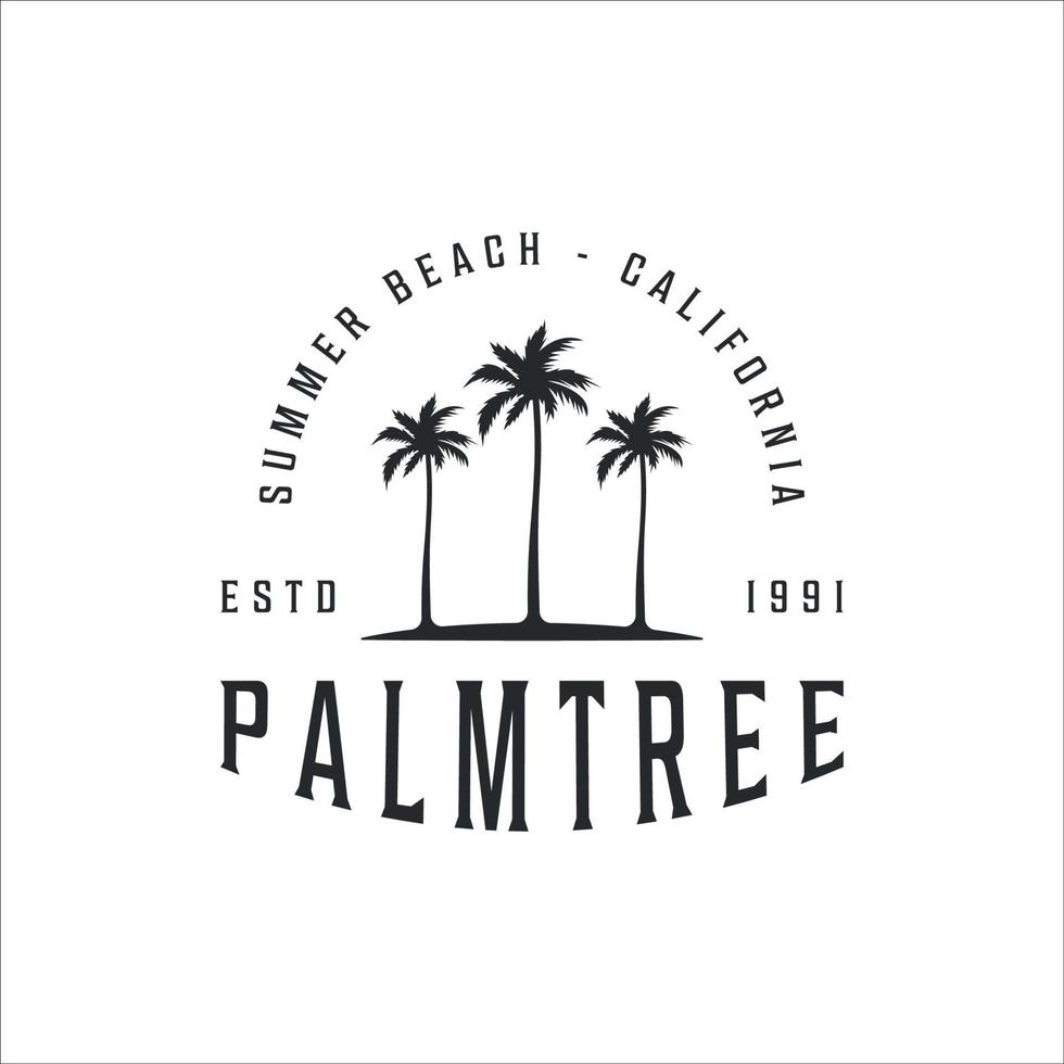 palm eller kokospalm logotyp vintage vektor illustration mall ikon design. retro ö med typografi stil koncept