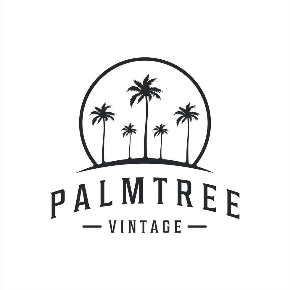 palm eller kokospalm logotyp vintage vektor illustration mall ikon design. retro ö med typografi koncept