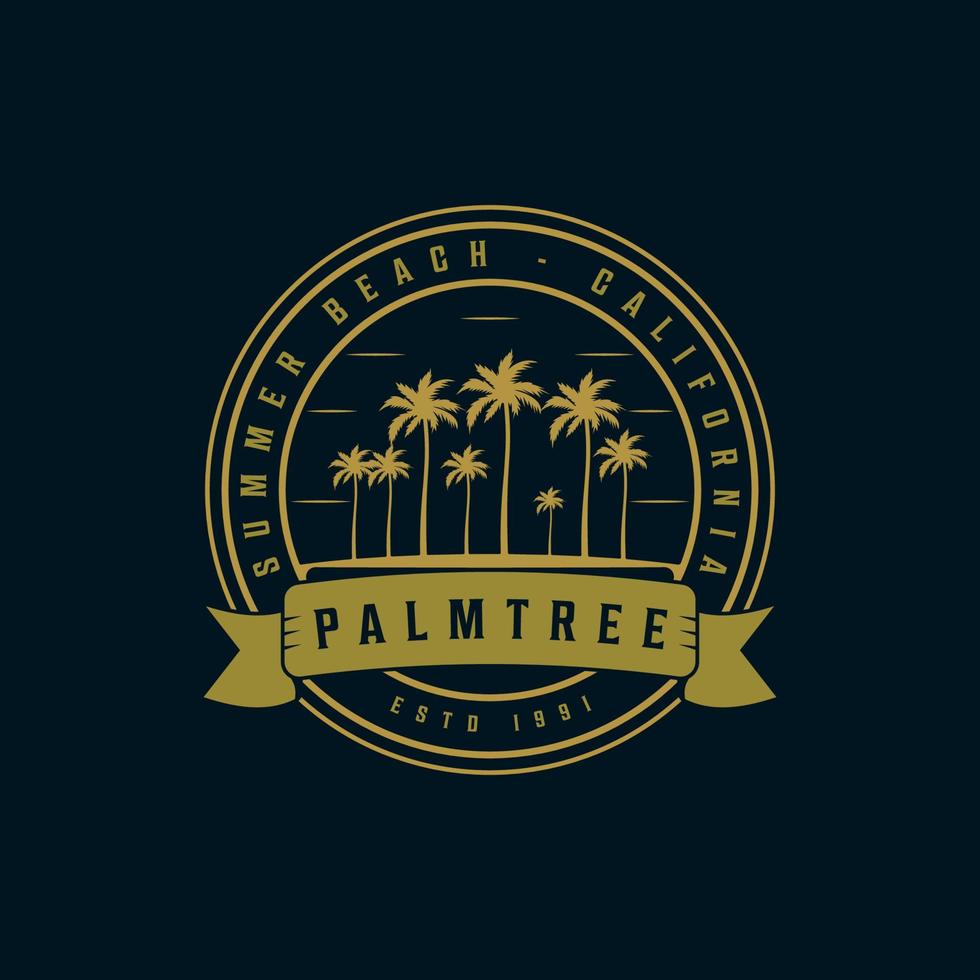 palm eller kokospalm logotyp vintage illustration mall ikondesign. retro cirkel märke med typografi koncept vektor