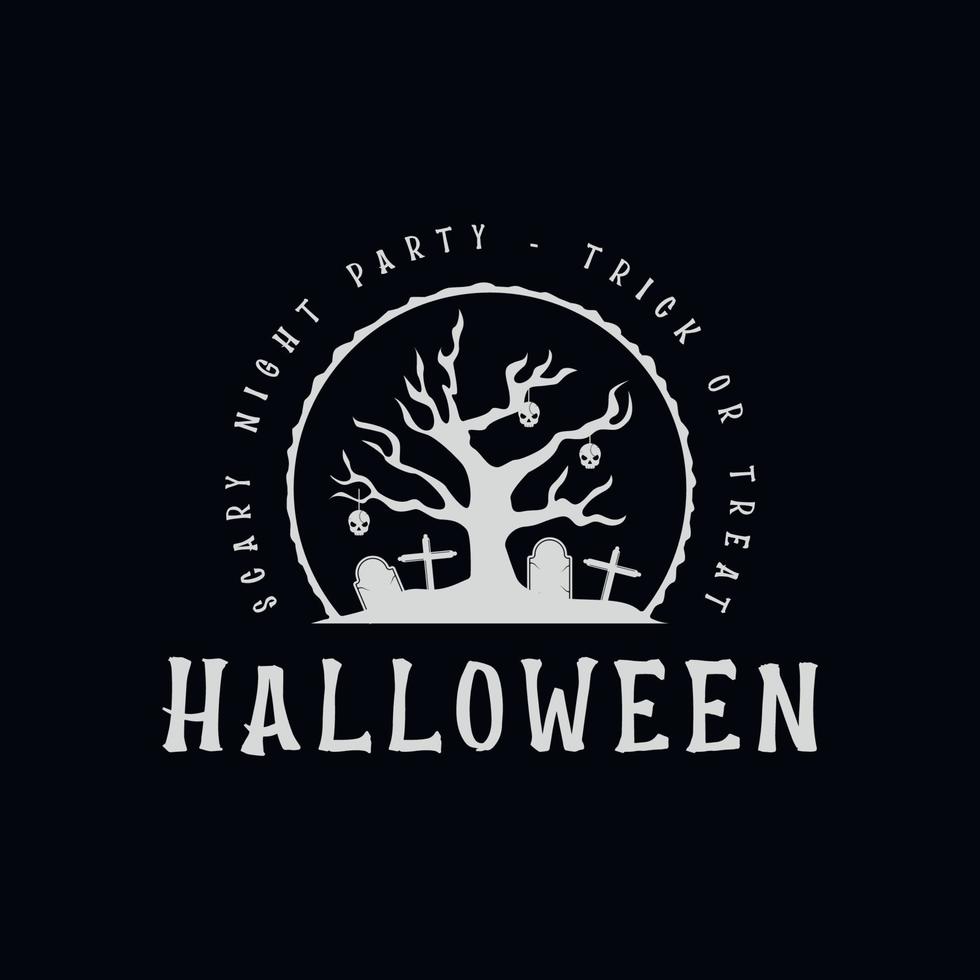 Horror-Baum am tapferen Halloween-Logo-Vintage-Vektor-Illustration-Vorlagen-Icon-Design vektor