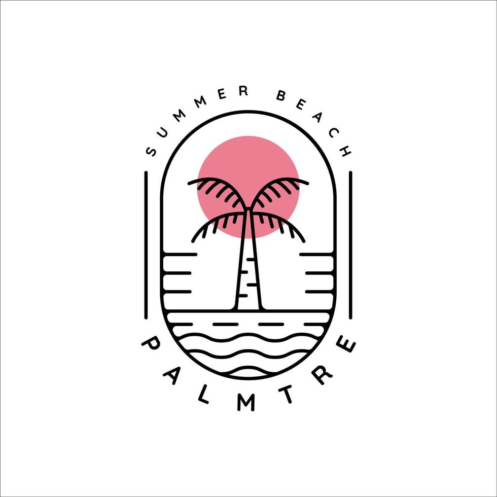 Palmen- oder Kokosnussbaum-Logo-Strichzeichnungen mit Sonnenuntergang-Vektor-Illustrationsvorlagen-Symbol. design mit minimalistischem abzeichen und typografiestil vektor