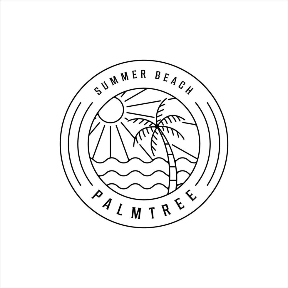 tropisk ö linjekonst logotyp minimalistisk enkel vektor illustration mall ikon design. palm och sommar strand linjärt koncept med cirkel badge typografi