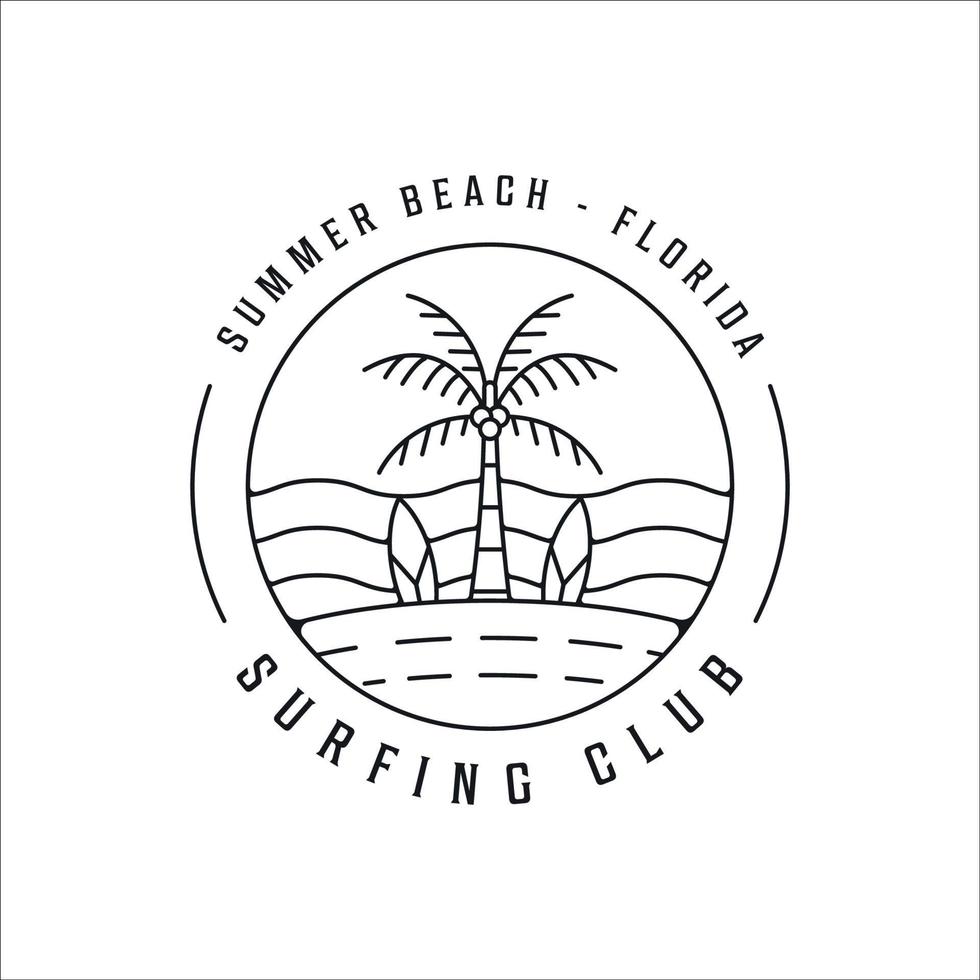surfa stranden logotyp linjekonst enkel minimalistisk vektor illustration mall ikon design. paradis med palm eller kokospalm med märke typografi stil