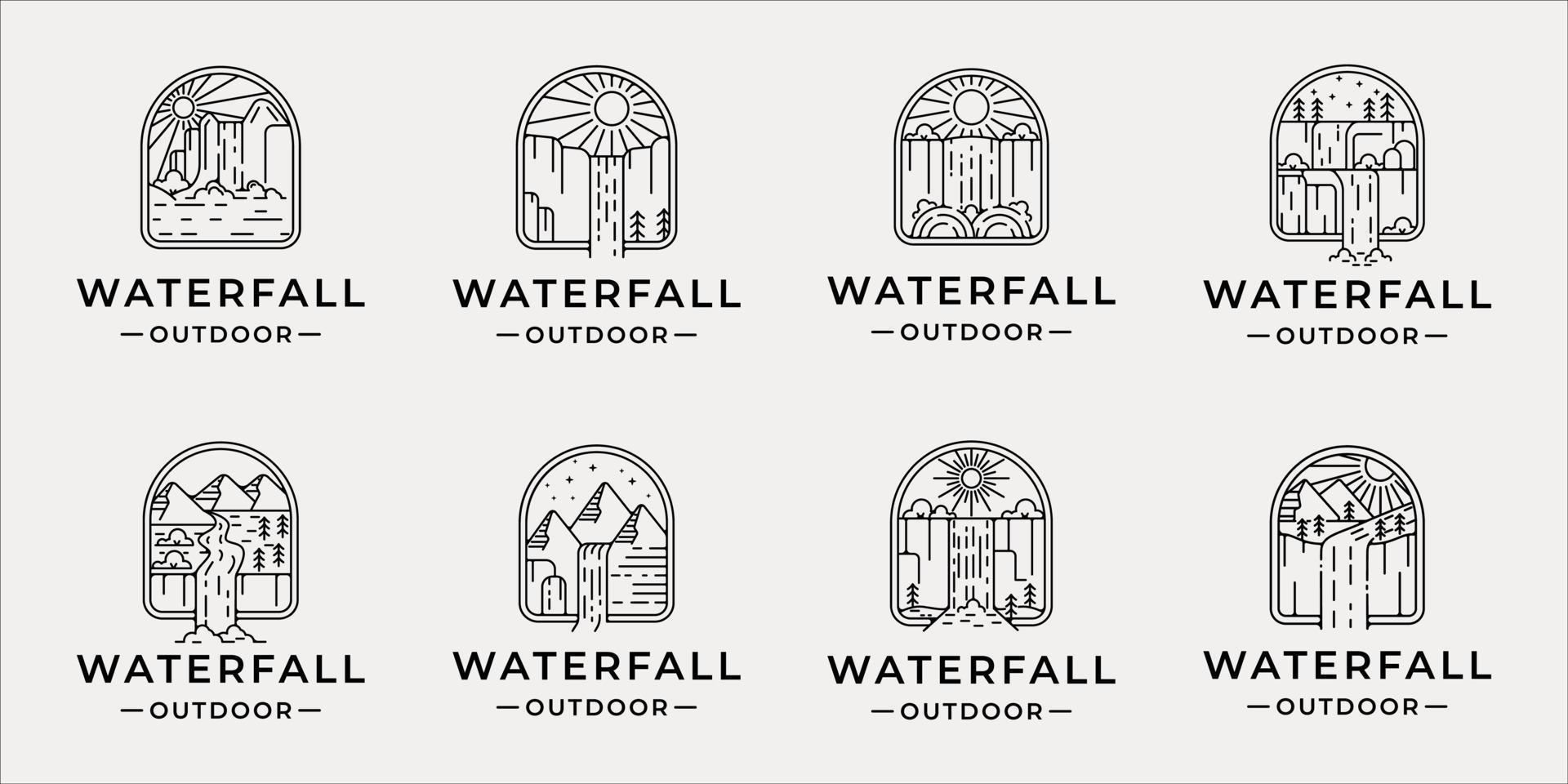 Satz von Wasserfall Logo Strichzeichnungen einfache minimalistische Vektor Illustration Vorlage Symbol Grafikdesign. Bündelsammlung verschiedener Abzeichen des Outdoor-Konzepts mit Typografie