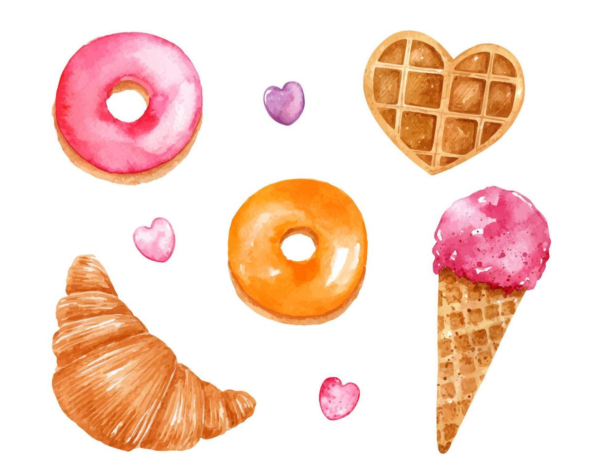 Aquarellset mit Süßigkeiten. herzförmige waffel, rosa und orange glasierte donuts, erdbeereistüte, croissant und süßigkeiten vektor