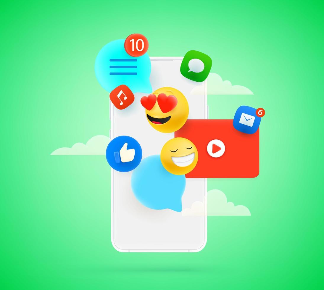 sociala medier kommunikation via smartphone. vektor koncept med pratbubblor och uttryckssymboler