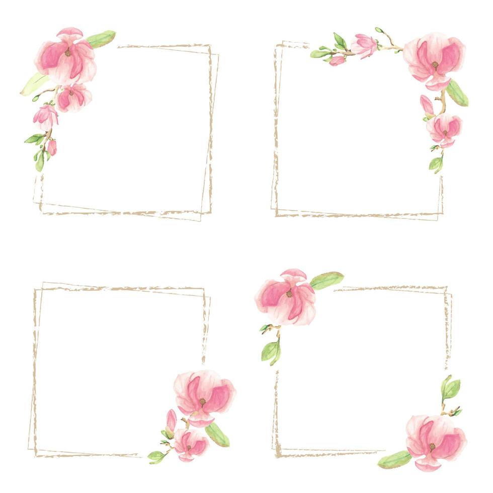 akvarell rosa magnolia minimal kvadratisk ramsamling för banner eller logotyp vektor