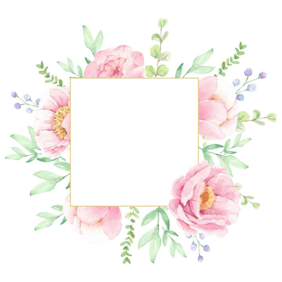 akvarell rosa pion blomsterbukett arrangemang krans ram med gyllene cirkel ram för logotyp eller banderoll vektor